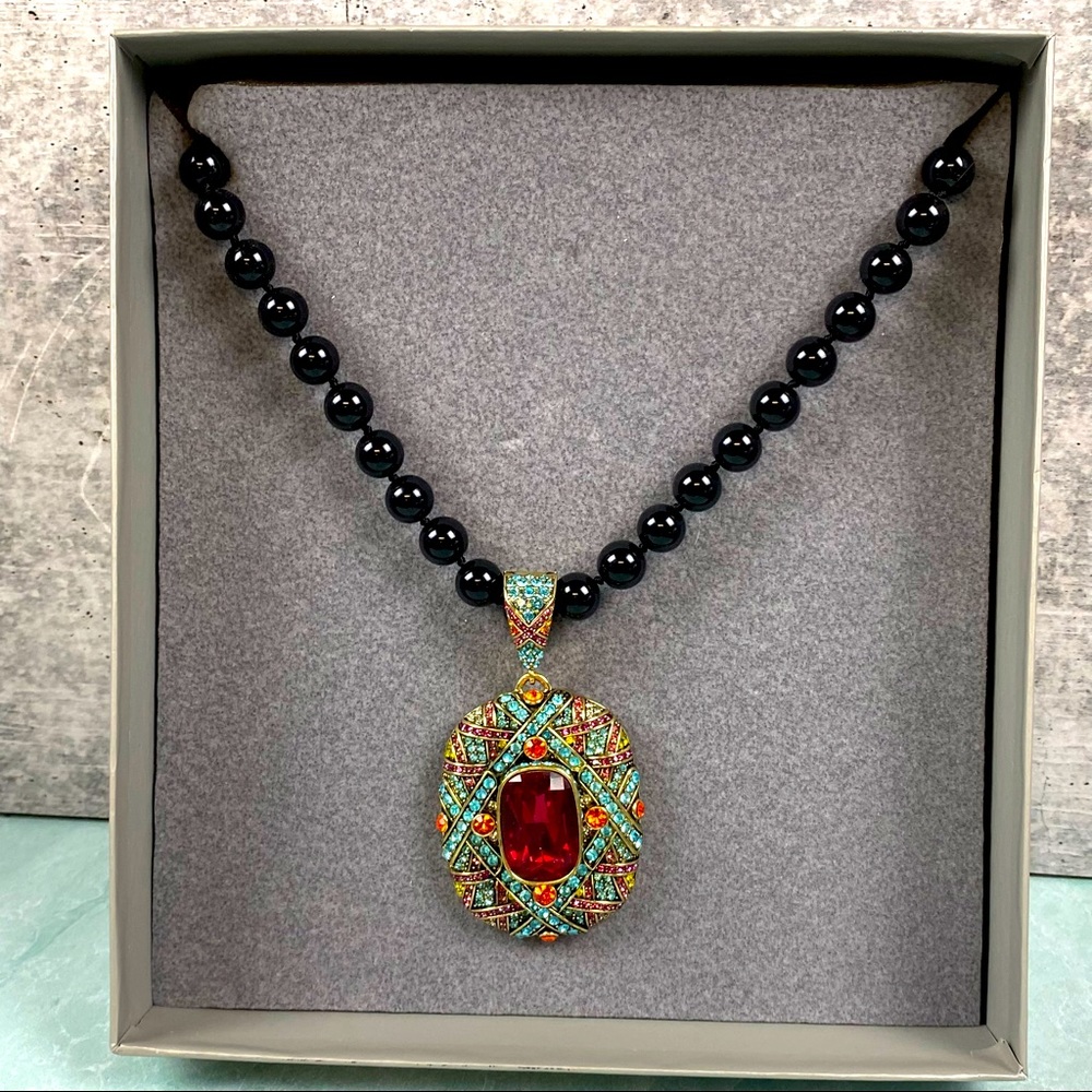NEW Heidi Daus orange stone statement necklace on black beads blue pink